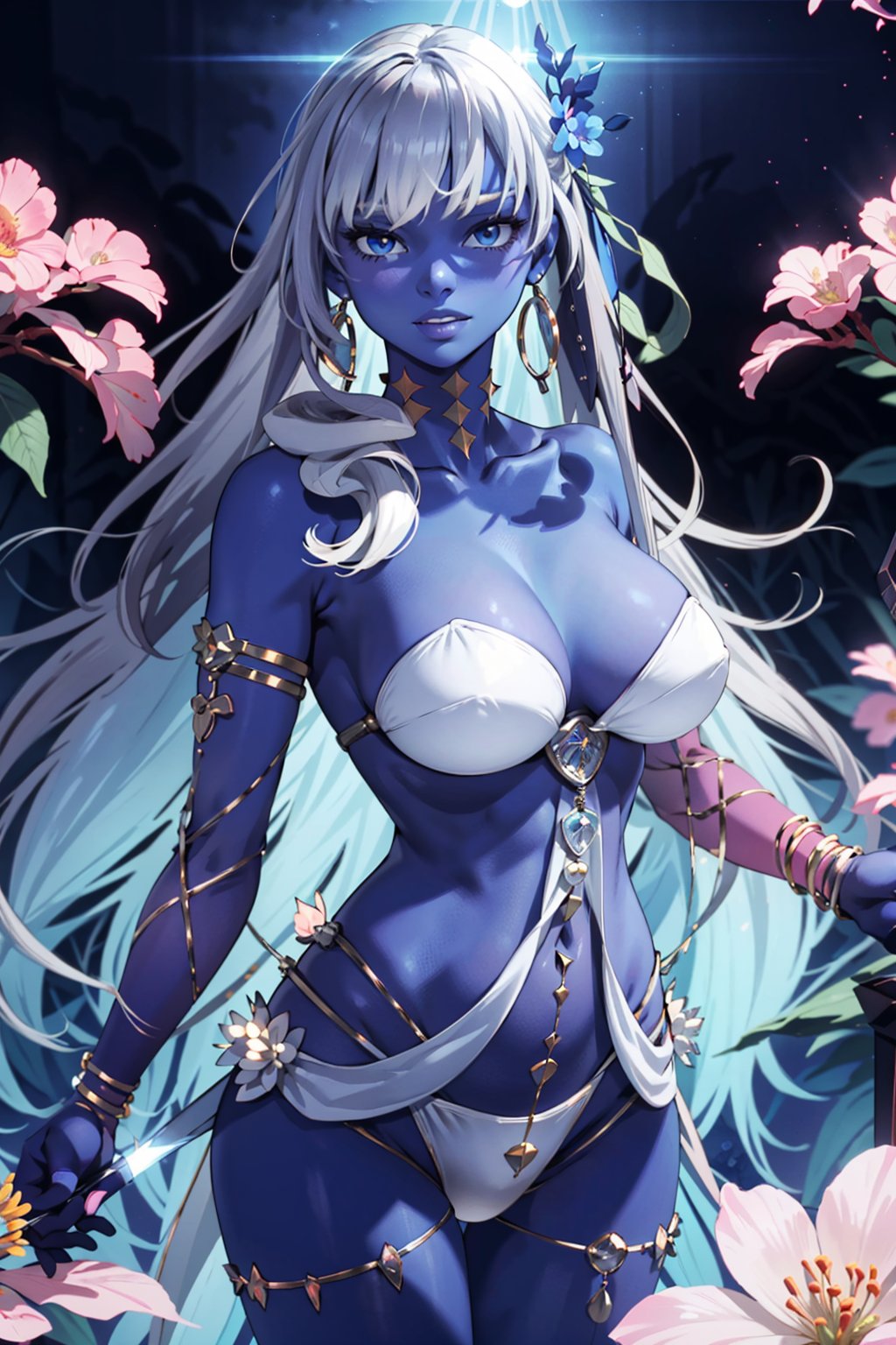 alternative skin color , blue skin,  silver hair,  blue eyes,  revealing clothes,  thicc_thighs,  breasts,  high deteails,  white bikini,  flower_top, <lora:EMS-63726-EMS:0.100000>, , <lora:EMS-80517-EMS:0.900000>