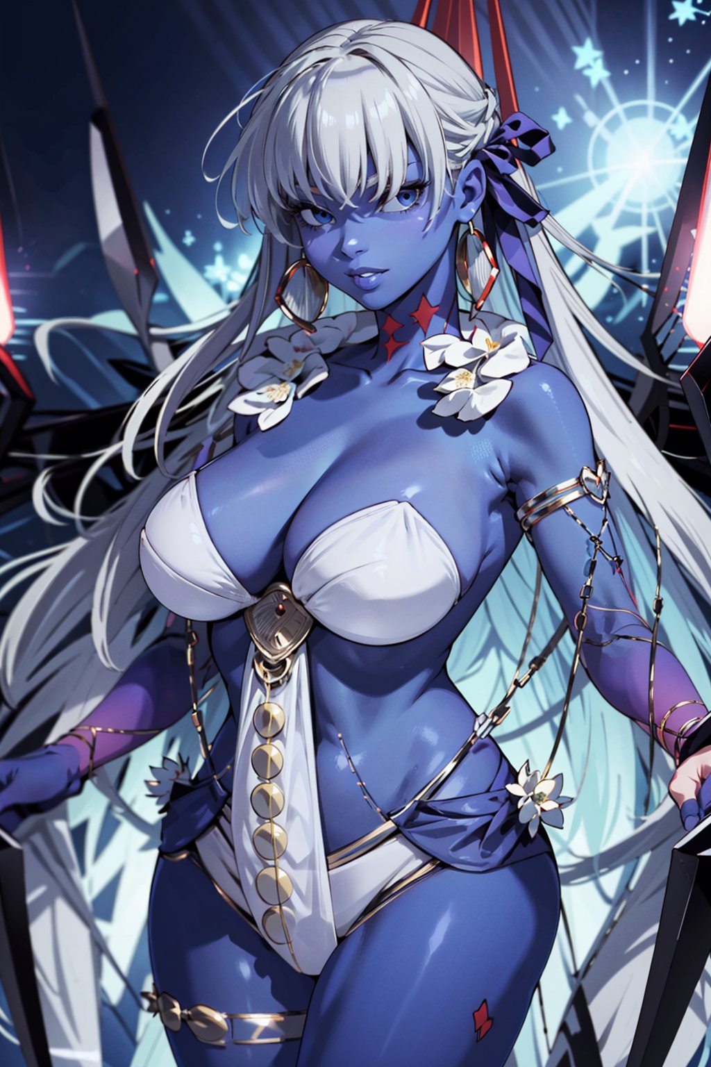 alternative skin color , blue skin,  silver hair,  blue eyes,  revealing clothes,  thicc_thighs,  breasts,  high deteails,  white bikini,  flower_top,  blue breasts, <lora:EMS-63726-EMS:0.100000>, , <lora:EMS-80517-EMS:1.000000>