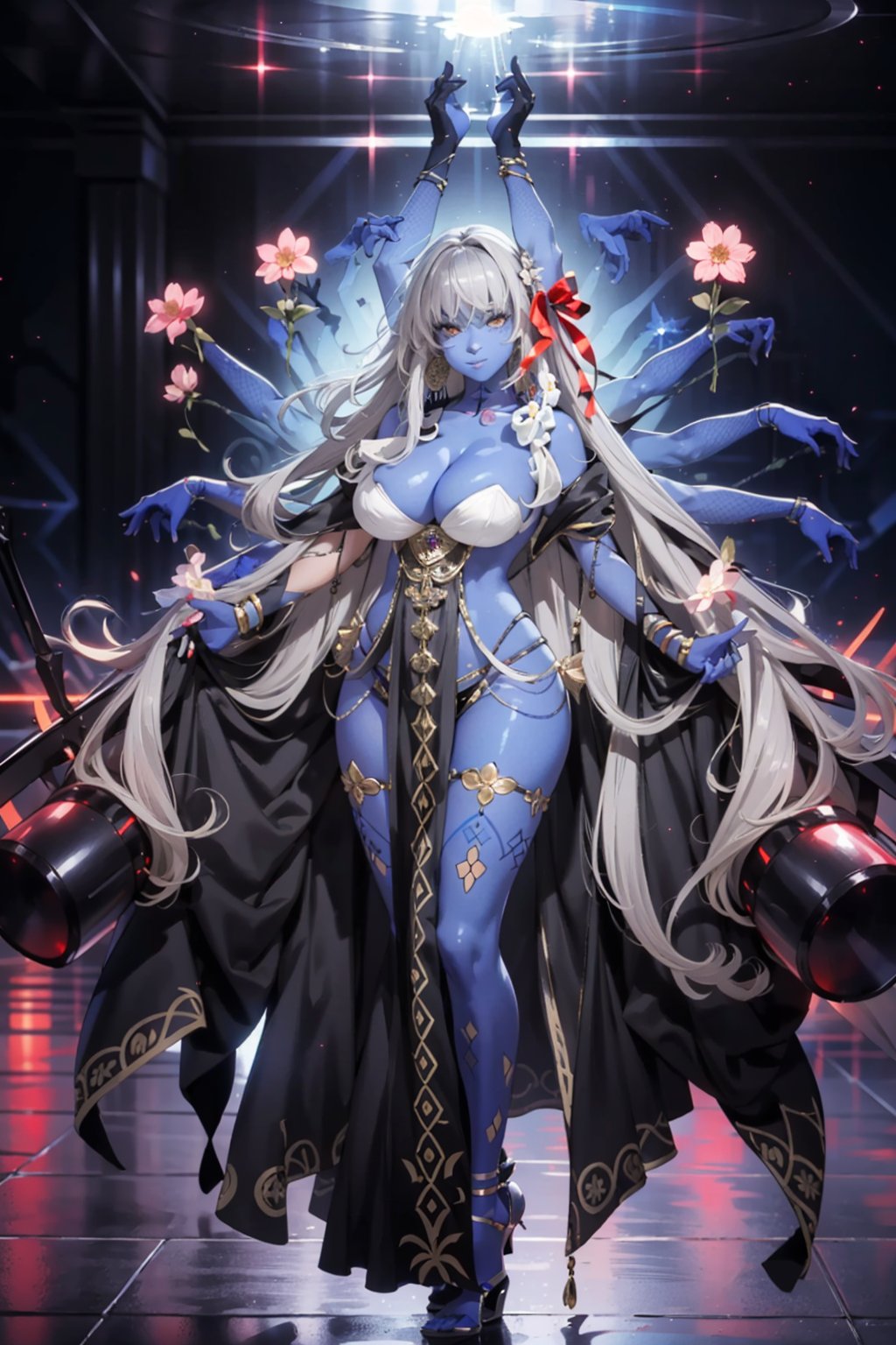 gray hair,  1girl,  long hair,  extra arms,  colored skin,  huge breasts,  jewelry,  solo,  very long hair,  white hair,  blue skin,  room background,  top flowers sakura,  thicc,  high details,  perfect anatomy,  perfect finger,  perfect body,  dancing arabic style, <lora:EMS-80517-EMS:0.800000>