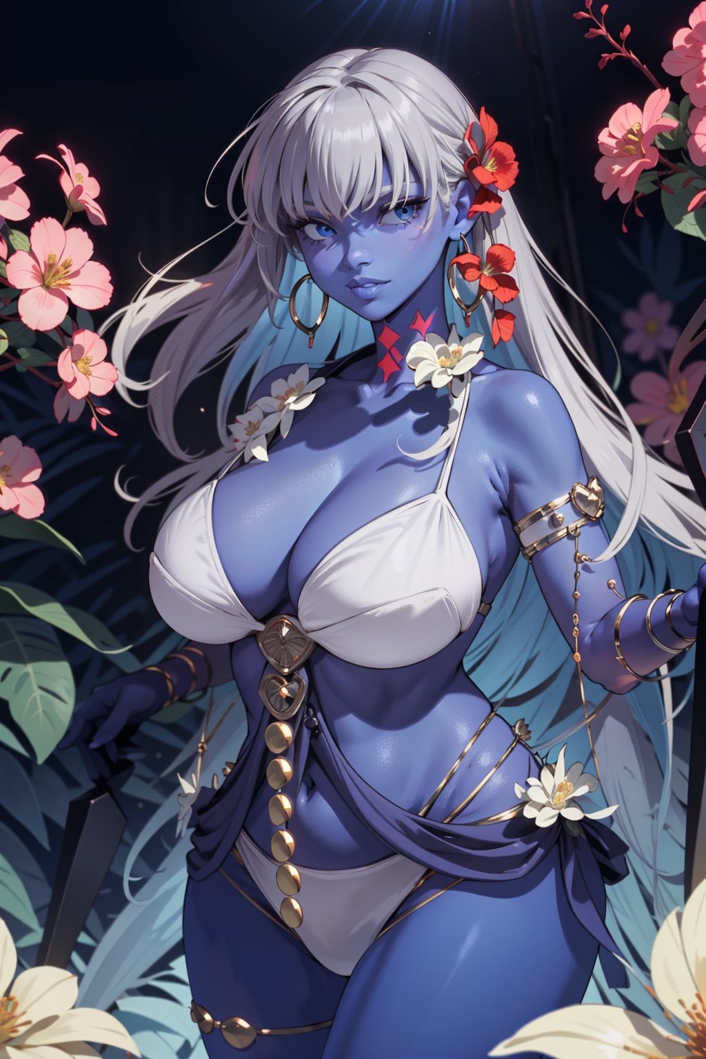 alternative skin color , blue skin,  silver hair,  blue eyes,  revealing clothes,  thicc_thighs,  breasts,  high deteails,  white bikini,  flower_top, <lora:EMS-63726-EMS:0.100000>, , <lora:EMS-80517-EMS:0.900000>