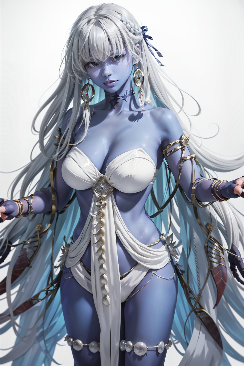 gray hair,  1girl,  long hair,  extra arms,  colored skin,  breasts,  jewelry,  solo,  very long hair,  white hair,  blue skin,  room background, <lora:EMS-50854-EMS:0.900000>, , <lora:EMS-80517-EMS:0.800000>