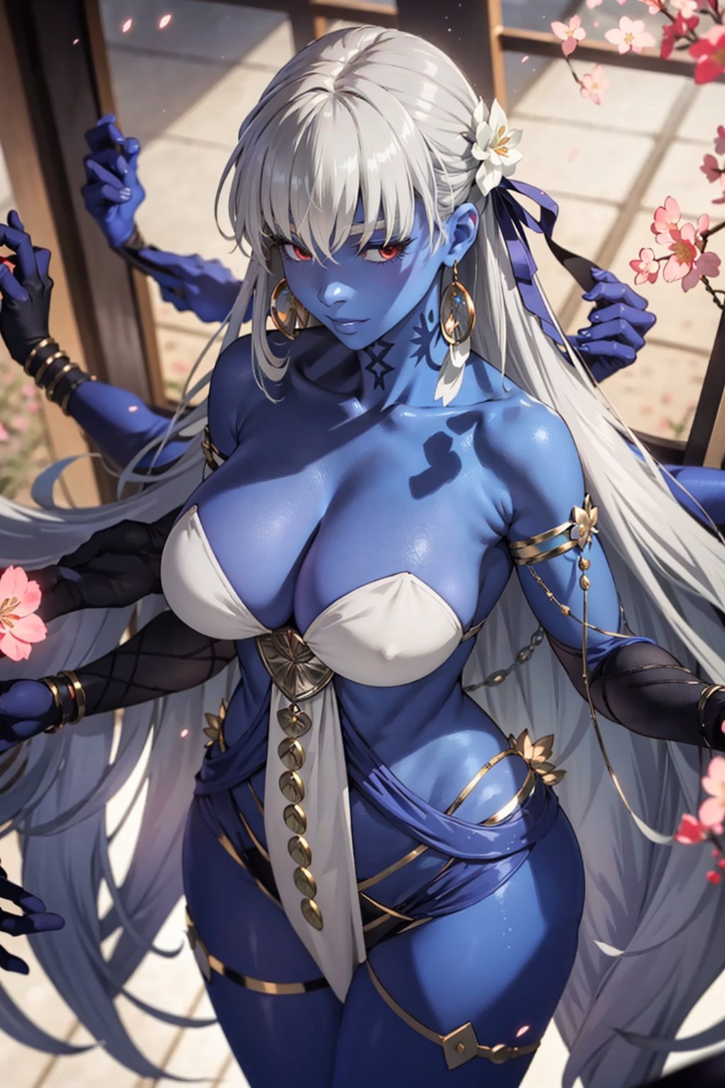 gray hair,  1girl,  long hair,  extra arms,  colored skin,  huge breasts,  jewelry,  solo,  very long hair,  white hair,  blue skin,  room background,  top flowers sakura,  thicc,  high details,  perfect anatomy,  from above, <lora:EMS-80517-EMS:0.800000>