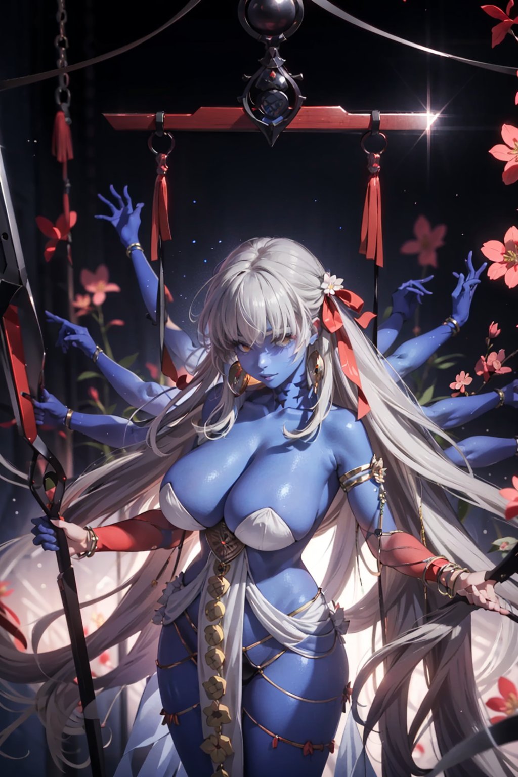 gray hair,  1girl,  long hair,  extra arms,  colored skin,  huge breasts,  jewelry,  solo,  very long hair,  white hair,  blue skin,  room background,  top flowers sakura,  thicc,  high details,  perfect anatomy,  from above, <lora:EMS-80517-EMS:0.800000>