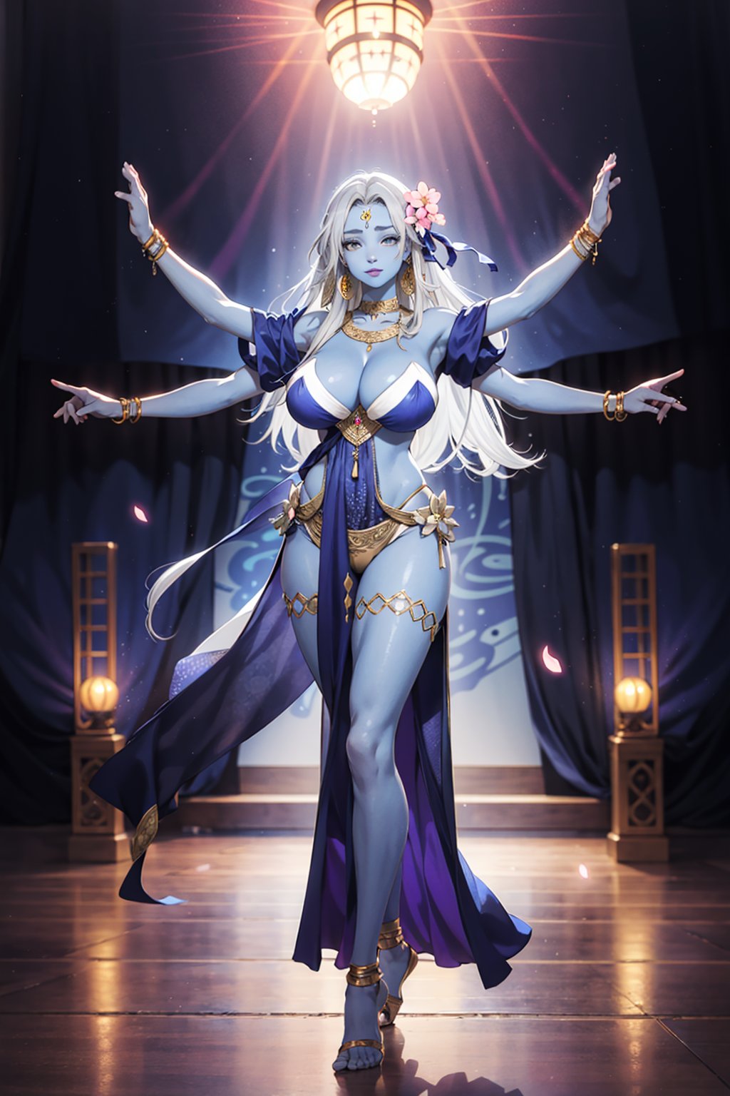 gray hair,  1girl,  long hair,  extra arms,  colored skin,  huge breasts,  jewelry,  solo,  very long hair,  white hair,  blue skin,  room background,  top flowers sakura,  thicc,  high details,  perfect anatomy,  arabic dancing girl,  arabic dancing pose, <lora:EMS-80517-EMS:0.500000>