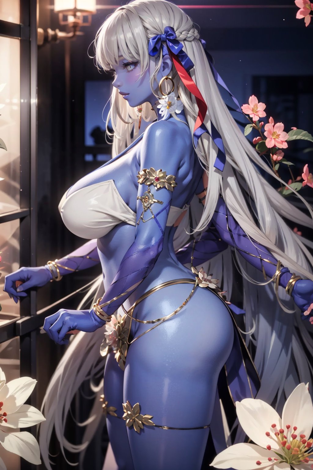 gray hair,  1girl,  long hair,  extra arms,  colored skin,  huge breasts,  jewelry,  solo,  very long hair,  white hair,  blue skin,  room background,  top flowers sakura,  thicc,  high details,  perfect anatomy,  perfect finger,  perfect body,  from side, <lora:EMS-80517-EMS:0.800000>