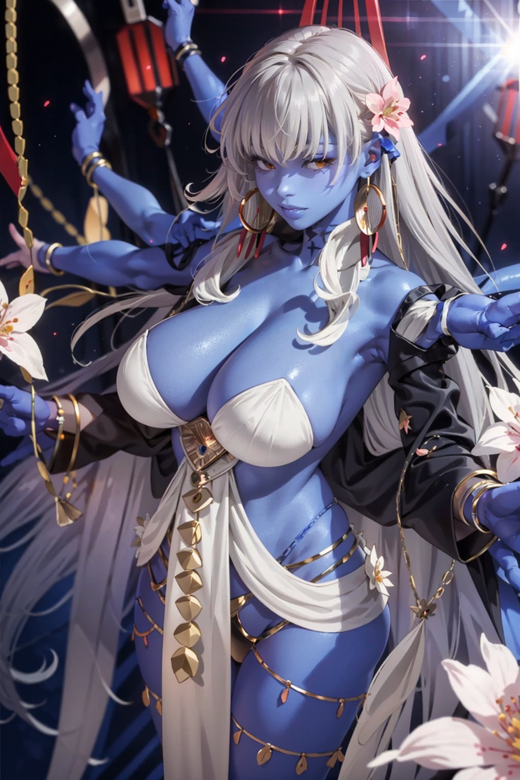 gray hair,  1girl,  long hair,  extra arms,  colored skin,  huge breasts,  jewelry,  solo,  very long hair,  white hair,  blue skin,  room background,  top flowers sakura,  thicc,  high details,  perfect anatomy,  from above, <lora:EMS-80517-EMS:0.800000>