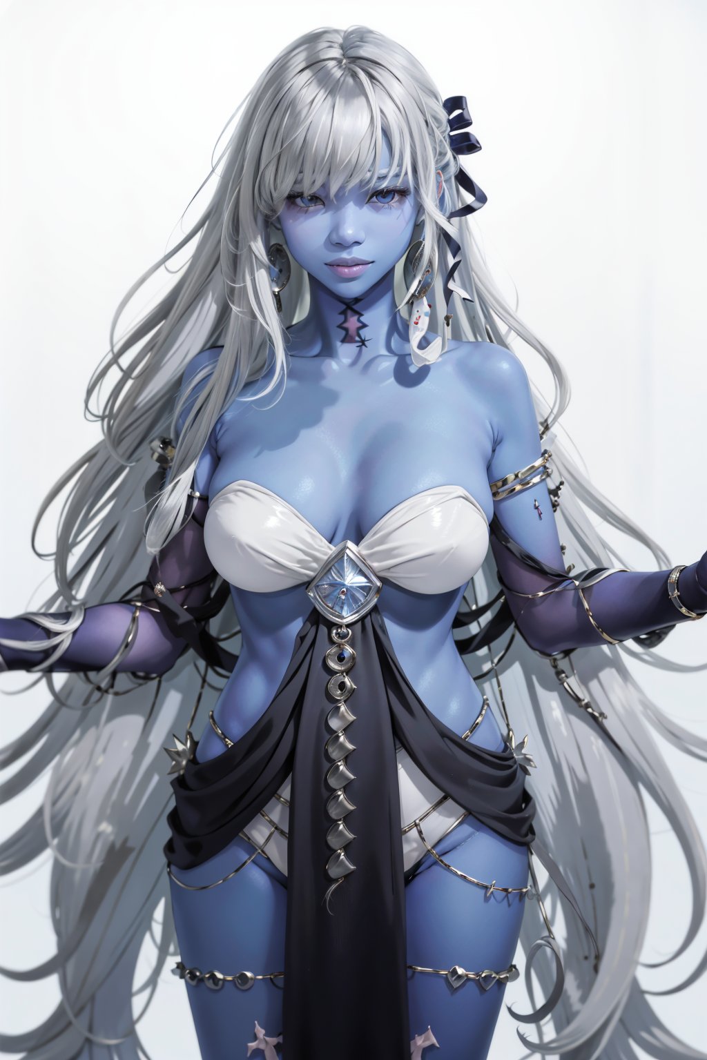 gray hair,  1girl,  long hair,  extra arms,  colored skin,  breasts,  jewelry,  solo,  very long hair,  white hair,  blue skin,  room background, <lora:EMS-50854-EMS:1.000000>, , <lora:EMS-80517-EMS:0.800000>