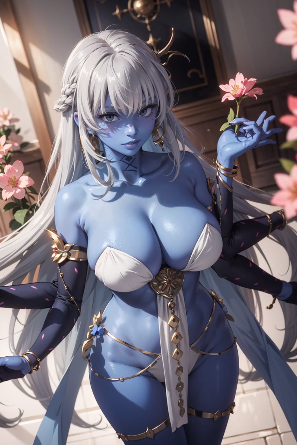 gray hair,  1girl,  long hair,  extra arms,  colored skin,  huge breasts,  jewelry,  solo,  very long hair,  white hair,  blue skin,  room background,  top flowers sakura,  thicc,  high details,  perfect anatomy,  from above, <lora:EMS-80517-EMS:0.600000>