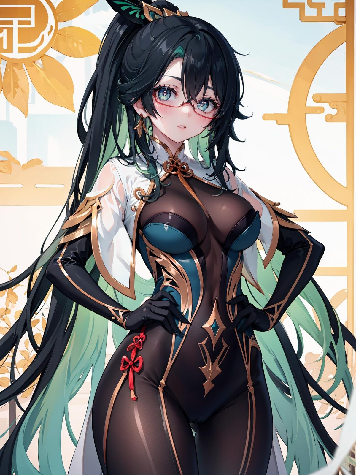 (extremely detailed CG), (best quality), 1girl, perfect face, bright pupils, (finely detailed beautiful eyes), shiny skin, lustrous skin, wide hips, narrow waist,CloudRetainer, hair ornament, under-rim eyewear, multicolored hair, two-tone hair, black hair, green hair, earrings, bodysuit, chinese clothes, elbow gloves, cowboy shot, high ponytail, hand on hip, <lora:CloudRetainer:0.6>