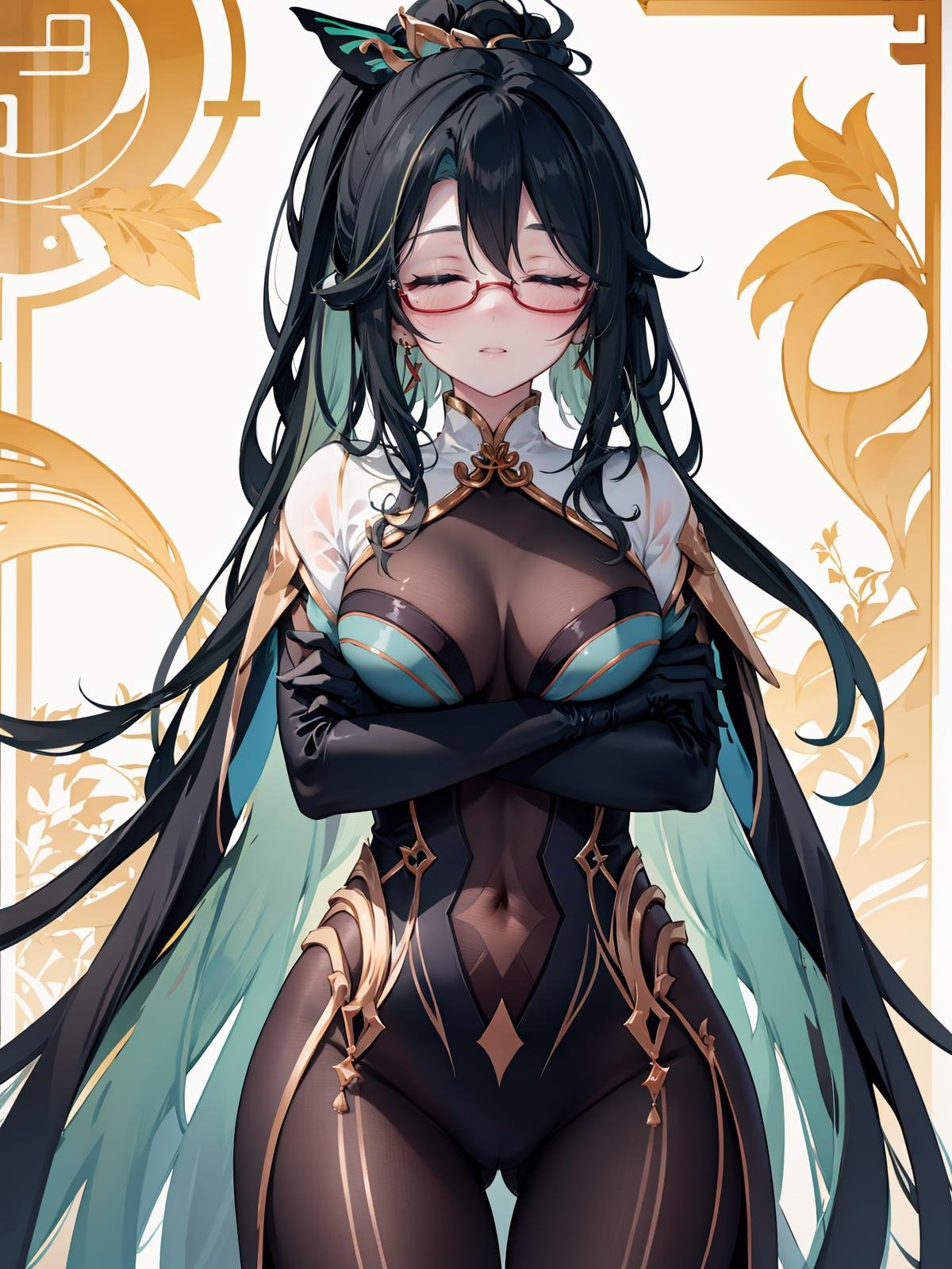 (extremely detailed CG), (best quality), 1girl, perfect face, closed eyes, shiny skin, lustrous skin, wide hips, narrow waist,CloudRetainer, hair ornament, under-rim eyewear, multicolored hair, two-tone hair, black hair, green hair, earrings, bodysuit, chinese clothes, elbow gloves, cowboy shot, high ponytail, hand on hip, crossed arms, <lora:CloudRetainer:0.6>