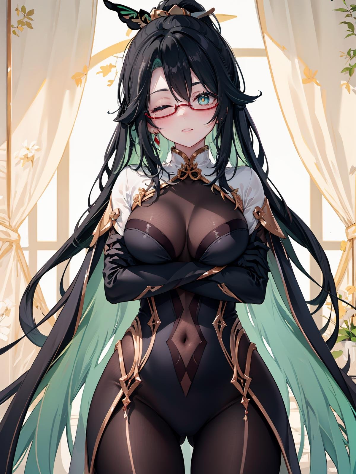 (extremely detailed CG), (best quality), 1girl, perfect face, bright pupils, (finely detailed beautiful eyes), green eyes, one eye closed, head tilt, shiny skin, lustrous skin, wide hips, narrow waist, CloudRetainer, hair ornament, under-rim eyewear, multicolored hair, two-tone hair, black hair, green hair, earrings, bodysuit, chinese clothes, elbow gloves, cowboy shot, high ponytail, hand on hip, crossed arms, <lora:CloudRetainer:0.6>