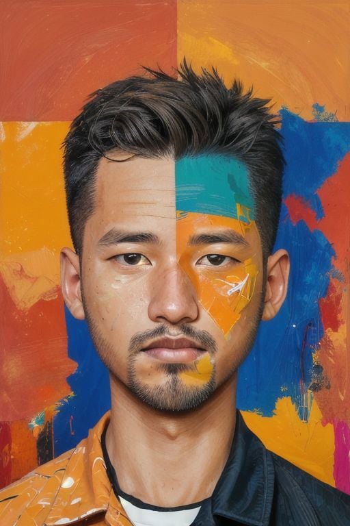 syahnk,masterpiece, best quality, highres, highly detailed, Men's faces 🎭, Half-face portrait of a middle-aged man with his face split by abstract geometric shapes and colorful fragments, digital painting, abstract dark background with some blurred colorful fragments and lines in the background, the light of the painting is focused on the man's face making his features more prominent and at the same time creating a sharp contrast with the abstract fragments, cool colors are predominantly used especially blues and greens but some warm colors such as reds and oranges are added to the man's face and the fragments as well. The man's face and the fragments also have some warm colors, such as red and orange, which are deep, complex, and slightly sad. The man's expression looks pensive, as if he is thinking about past memories or future confusion. The man's face is in the center of the painting, surrounded by a mess of fragments and lines, and this composition makes the viewer's eyes focus on the man's face and feel his emotions.