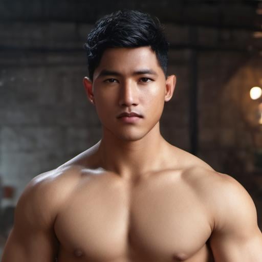 syahnk, ((masterpiece)), ((bestquality)), 8k, high detailed, ultra-detailed, 1boy,  black hair,  male focus,  realistic,  solo,  ((a buff shirtless man)),  moody,  award winning concept art,  8K,  natural lighting,  2.5D, <lora:EMS-80078-EMS:0.800000>