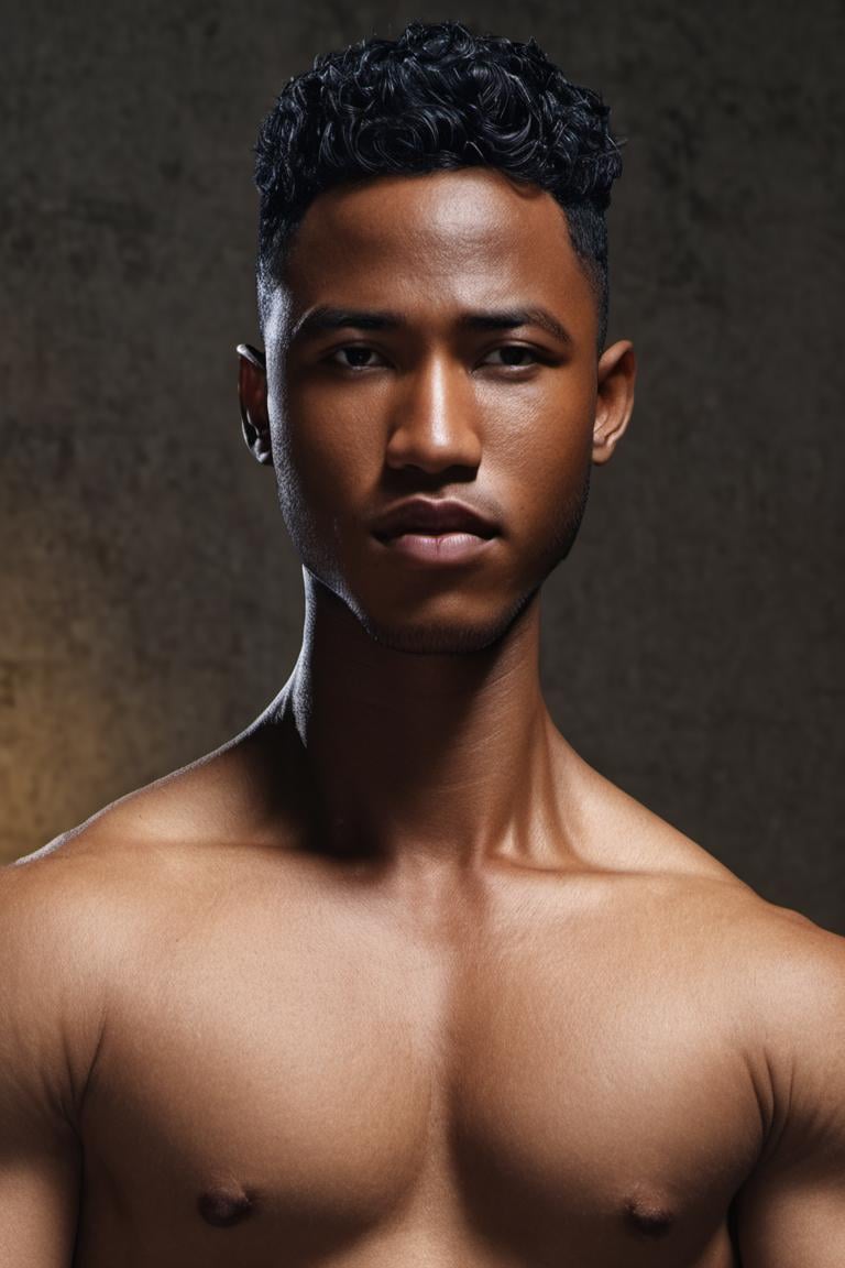 syahnk,  African male, ((masterpiece)), ((bestquality)), 8k, high detailed, ultra-detailed, 1boy,  black hair,  male focus,  realistic,  solo,  ((a buff shirtless man)),  moody,  award winning concept art,  8K,  natural lighting,  2.5D, <lora:EMS-80078-EMS:1.000000>