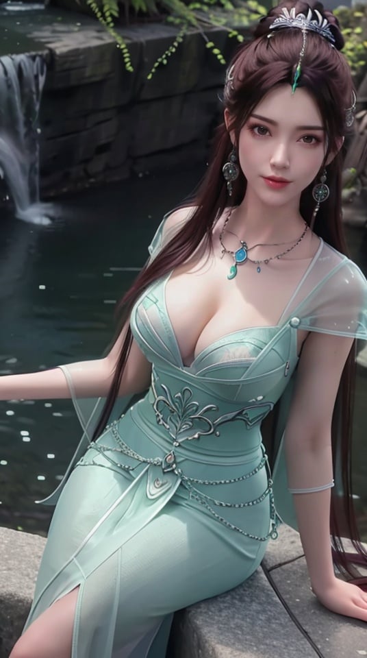 Looking from top to bottom,A girl,Long black hair,Green dress,Large breasts,Lacteal sulcus,Bare shoulder,forest,waterfall,lake water,Sitting by the lake,Giant breasts,(Lacteal sulcus),Deep cleavage of breast,expose,Sexual suggestion,<lora:9b34b387e7026c5960f8afd2765b6bedf8542df2a359b553ed3b6af6d68b38e1:0.55>