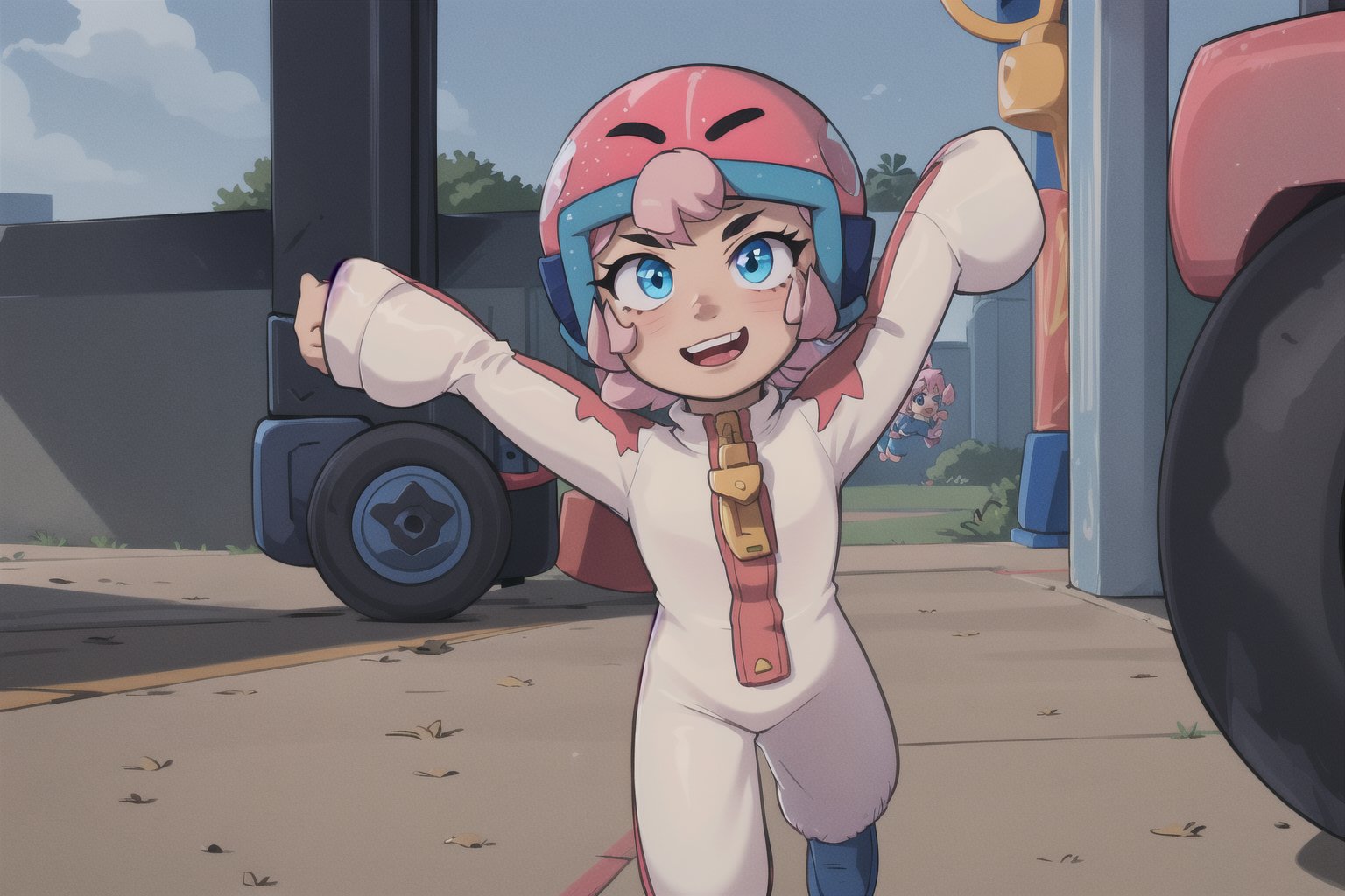 (best quality, masterpiece),Bonnie, pink_hair,blue_eyes,helmet,long_sweatshirt,happy_face,little_girl,arms_raised,running