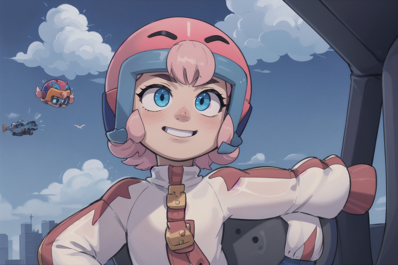 (best quality, masterpiece),1girl,Bonnie, pink_hair,blue_eyes,helmet,long_sweatshirt,happy_face,little_girl,clouds,flying,city seen from above with blur