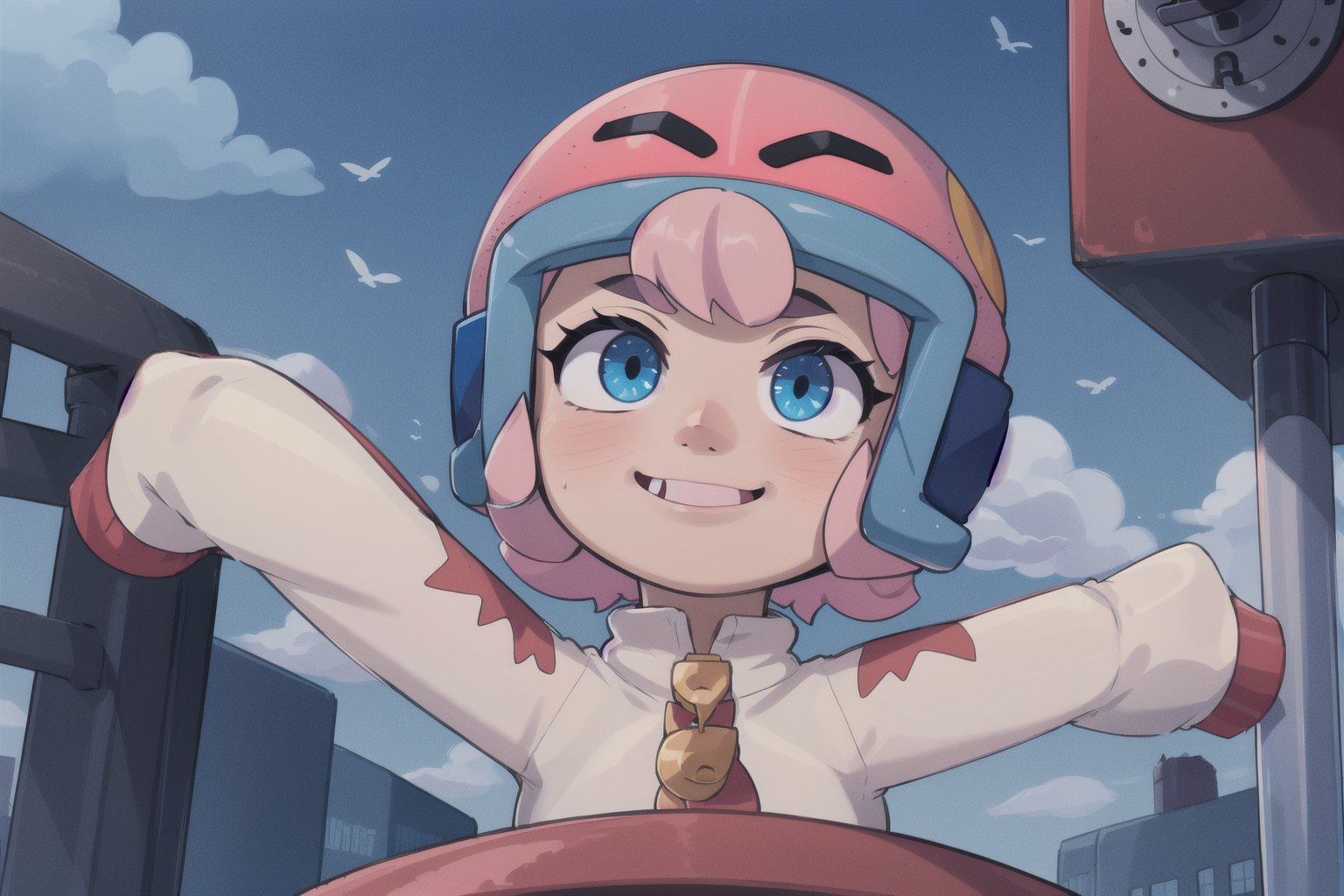 (best quality, masterpiece),1girl,Bonnie, pink_hair,blue_eyes,helmet,long_sweatshirt,happy_face,little_girl,clouds,flying,city seen from above with blur,