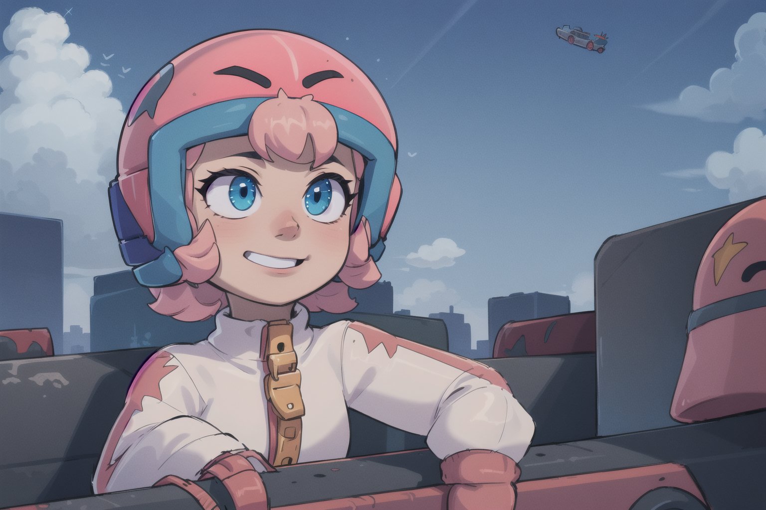 (best quality, masterpiece),1girl,Bonnie, pink_hair,blue_eyes,helmet,long_sweatshirt,happy_face,little_girl,clouds,flying,city seen from above with blur,offensive expression