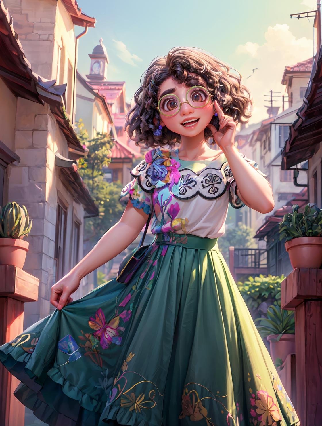 (masterpiece, best quality, tradiotional media:1.4), 1girl, mirabel madrigal, glasses, smile, looking at viewer, white blouse,green skirt, <lora:MirabelMadrigal_v1:1>,  <lora:add_detail:1>