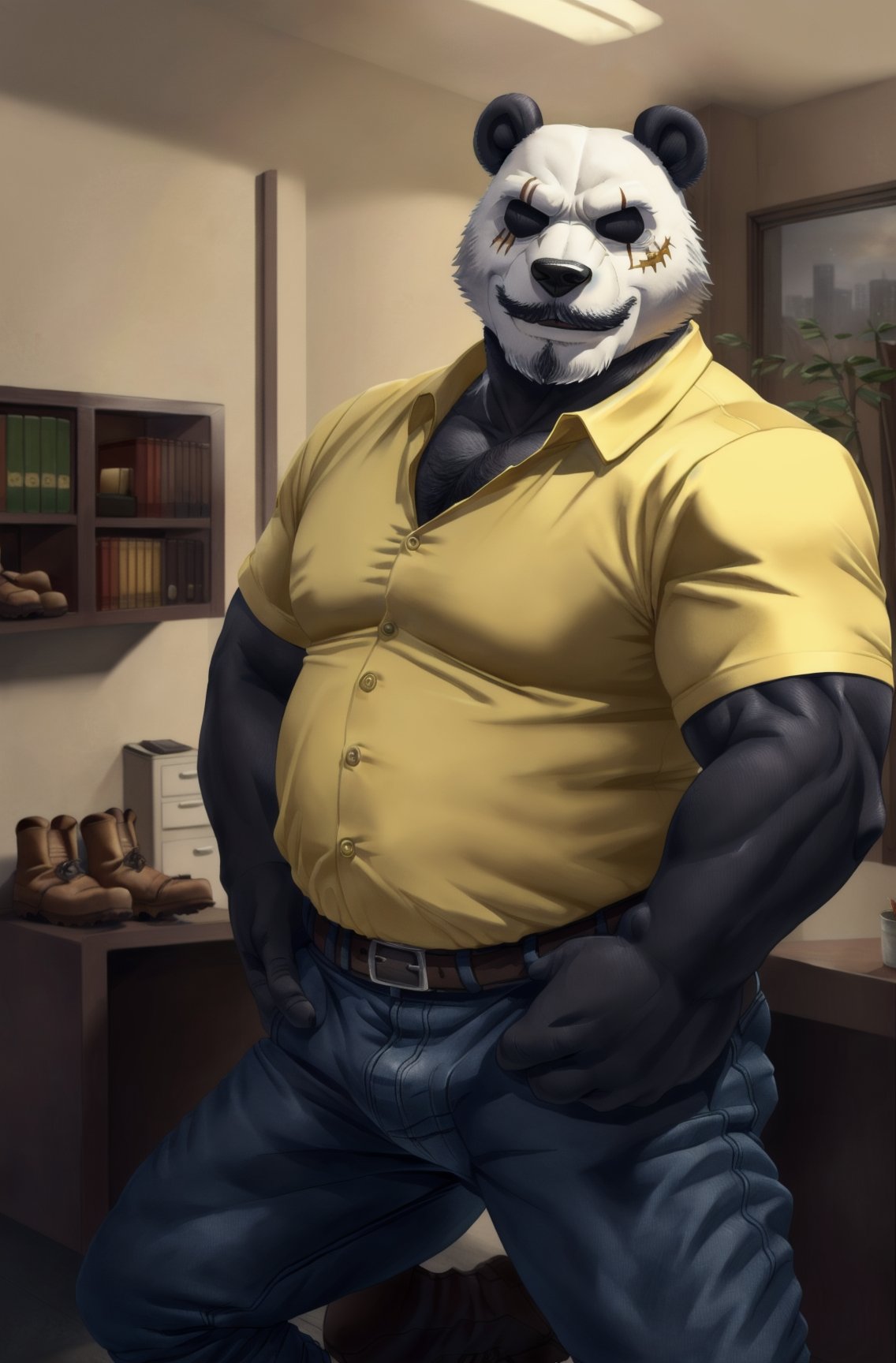 ((panda,  bear,  Mature male)) office,  facial hair,  solo,  pose,  chubby,  fat,  front view,  (yellow shirt,  jeans,  boots:1.3)    (((full body))),  detailed background,  looking at viewer,  indoors,  (hi res,  best quality,  high quality,  detailed,  shaded,  shading,  masterpiece),  (by null-ghost:0.7) (by adios:1.2),  (wfa:0.9),  gouhin, <lora:EMS-80629-EMS:1.000000>