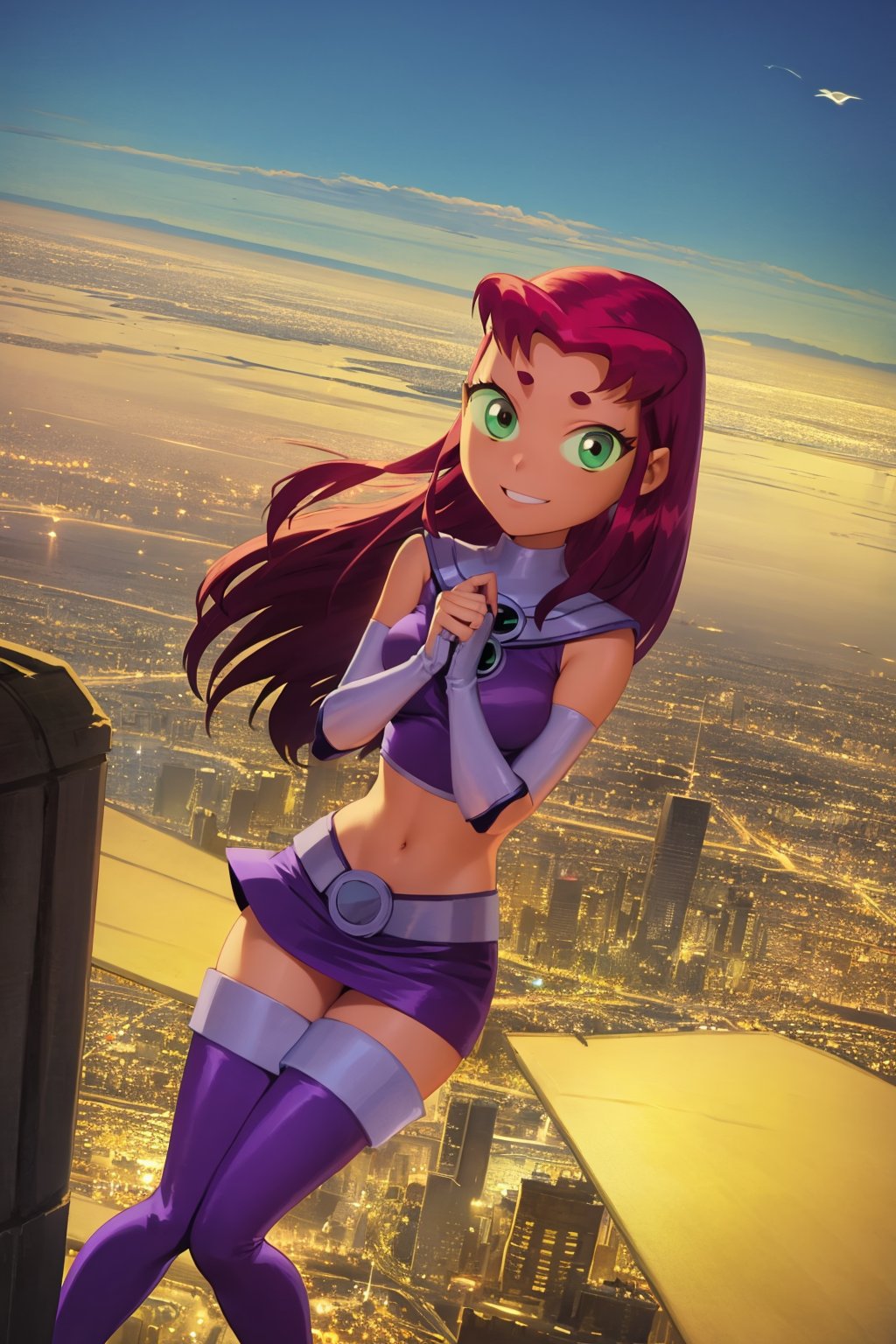 masterpiece, best quality, 1girl, starfire, red hair, long hair, green eyes, orange skin, crop top, midriff, miniskirt, thighhighs, thigh boots, solo, looking at viewer, smile, solo, blue sky, flying, city below  <lora:StarfireTT:1>