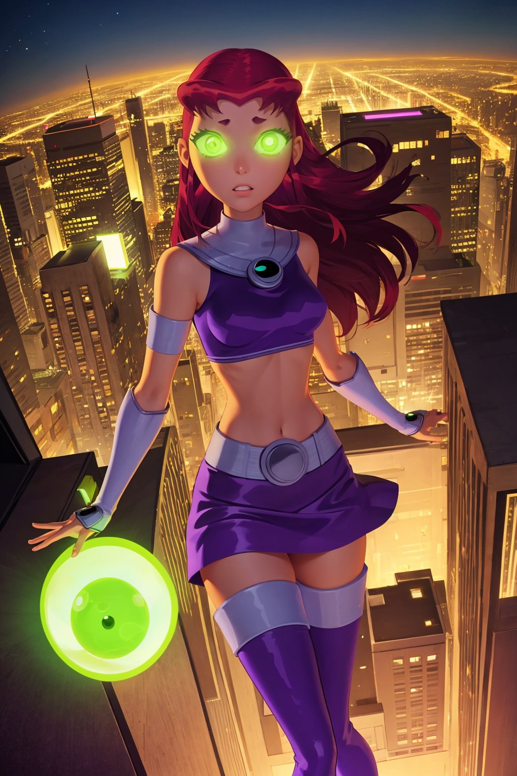 masterpiece, best quality, 1girl, starfire, red hair, long hair, green eyes, orange skin, crop top, midriff, miniskirt, thighhighs, thigh boots, green glowing eyes, casting magic green balls, solo, looking at viewer, solo, blue sky, flying, city below  <lora:StarfireTT:1>