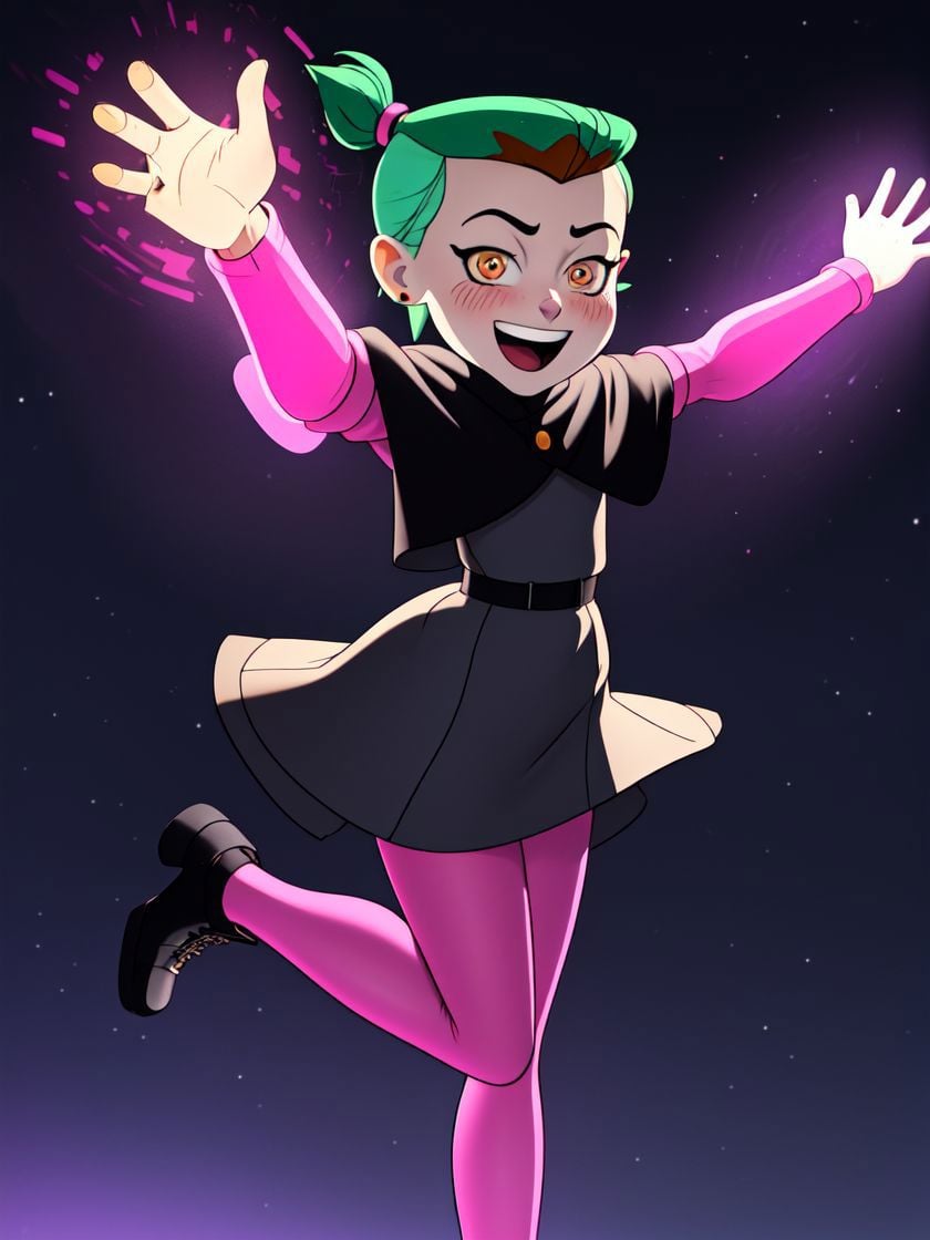 masterpiece, best quality, AmityS1, 1girl, solo, green hair, yellow eyes, short ponytail,  absurdres, earrings,  black capelet, grey dress, pink sleeves, long sleeves, blush, looking at viewer, pink legwear, jumping, night, night sky, open arms, open mouth, smile, black footwear, neon lights, <lora:AmityTOH:1>