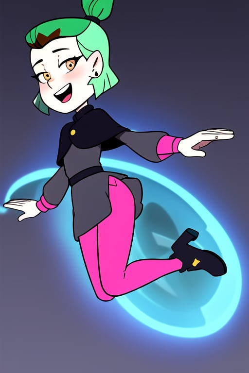 masterpiece, best quality, AmityS1, 1girl, solo, green hair, yellow eyes, short ponytail,  absurdres, earrings,  black capelet, grey dress, pink sleeves, long sleeves, blush, looking at viewer, pink legwear, jumping, night, night sky, open arms, open mouth, smile, black footwear, 