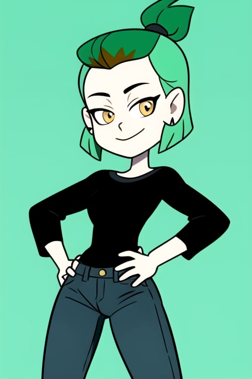 masterpiece, best quality, AmityS1, 1girl, solo, green hair, yellow eyes, hands on hips, short ponytail, smile,  simple background, earrings, black shirt, jeans