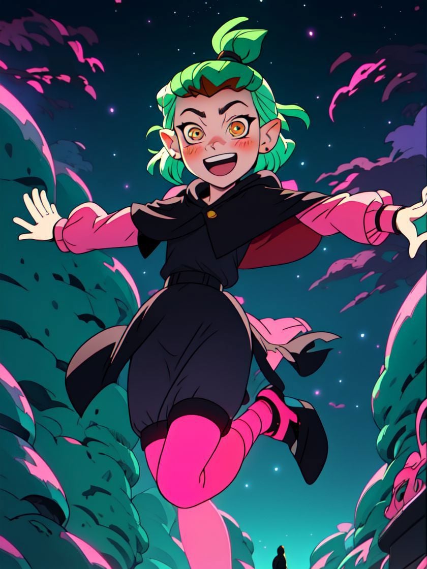 masterpiece, best quality, AmityS1, 1girl, solo, green hair, yellow eyes, short ponytail,  absurdres, earrings,  black capelet, grey dress, pink sleeves, long sleeves, blush, looking at viewer, pink legwear, jumping, night, night sky, open arms, open mouth, smile, black footwear, neon lights, <lora:AmityTOH:1>
