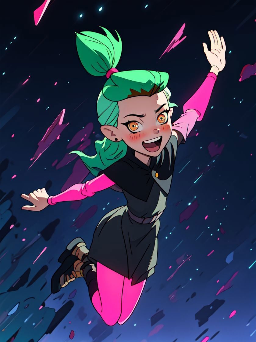 masterpiece, best quality, AmityS1, 1girl, solo, green hair, yellow eyes, short ponytail,  absurdres, earrings,  black capelet, grey dress, pink sleeves, long sleeves, blush, looking at viewer, pink legwear, jumping, night, night sky, open arms, open mouth, smile, black footwear, neon lights, <lora:AmityTOH:1>