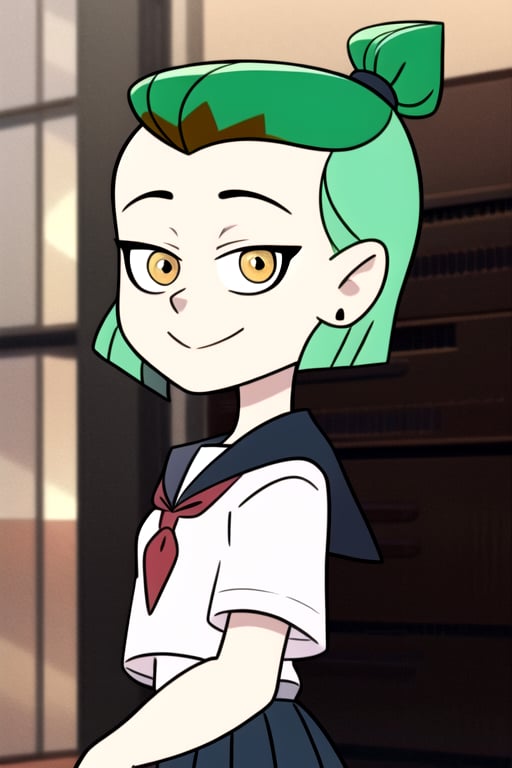 masterpiece, best quality, AmityS1, 1girl, solo, green hair, yellow eyes, short ponytail,  earrings, smile, serafuku, school uniform, pleated skirt, 