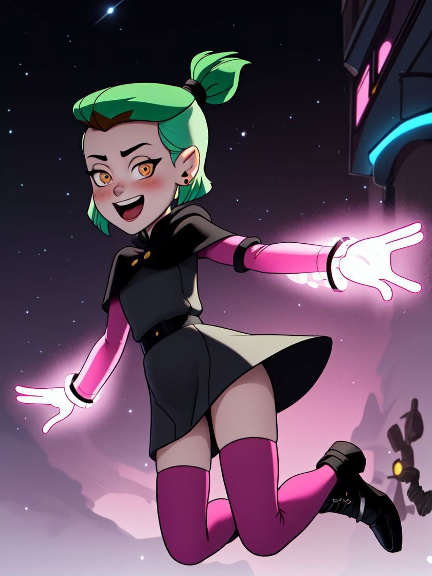 masterpiece, best quality, AmityS1, 1girl, solo, green hair, yellow eyes, short ponytail,  absurdres, earrings,  black capelet, grey dress, pink sleeves, long sleeves, blush, looking at viewer, pink legwear, jumping, night, night sky, open arms, open mouth, smile, black footwear, neon lights, <lora:AmityTOH:1>