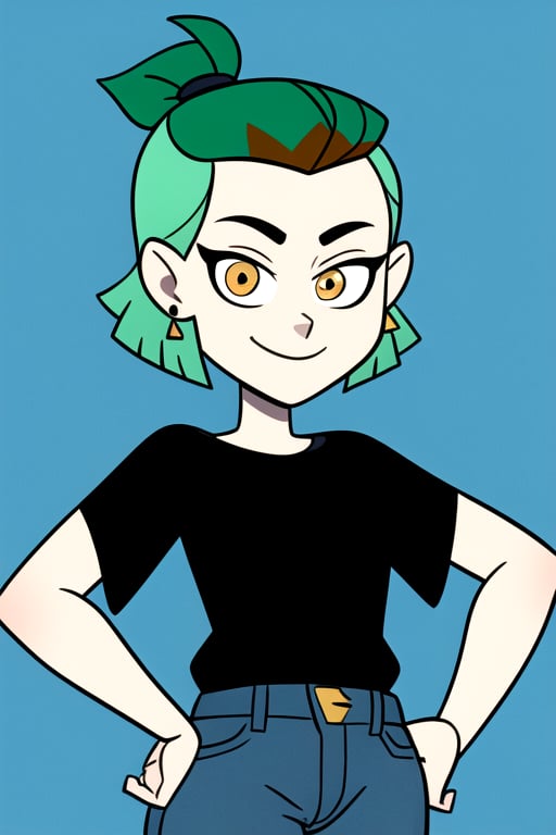 masterpiece, best quality, AmityS1, 1girl, solo, green hair, yellow eyes, hands on hips, short ponytail, smile,  simple background, earrings, black shirt, jeans, 