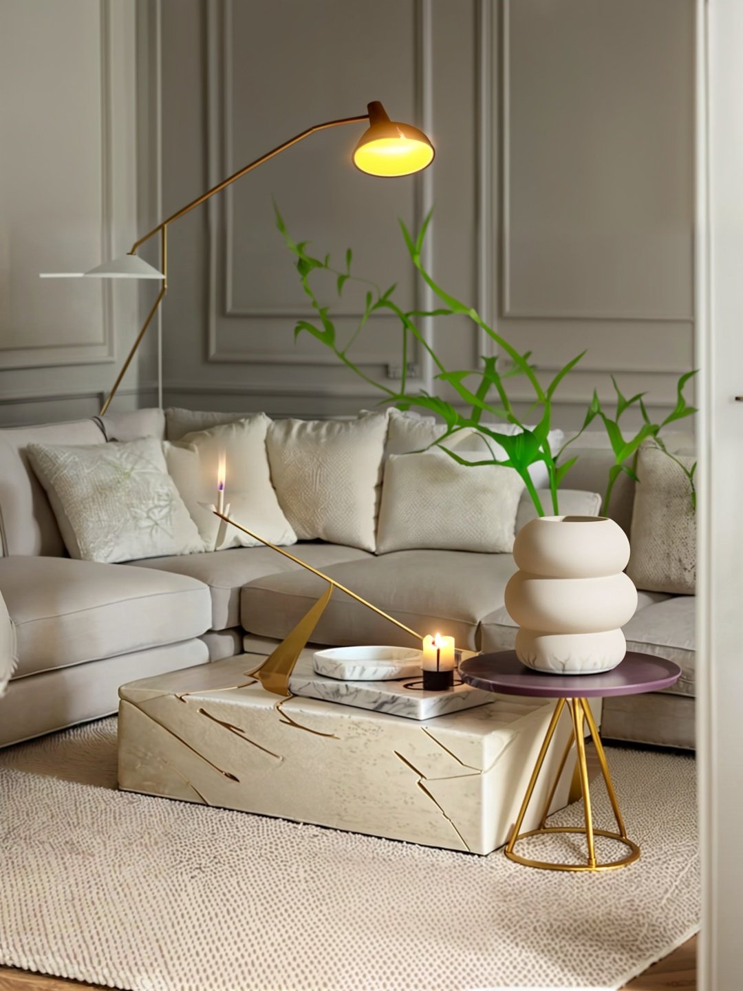 <lora:guchen-fashiV1.0:0.7>,guchen,marble,couch,candle,indoors,candlestand,table,(plant:1.5),still life,lamp,vase,French style,plasterboard,Decorative lines,carpet,wooden floor,