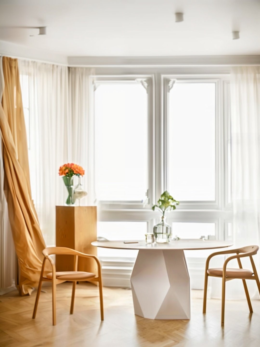 <lora:guchen-fashiV1.0:0.9>,guchen,Dark plastic table,plastic chairs,white curtains,flower,vase,indoors,window,plant,French style,plasterboard,Decorative lines,wooden floor,still life,