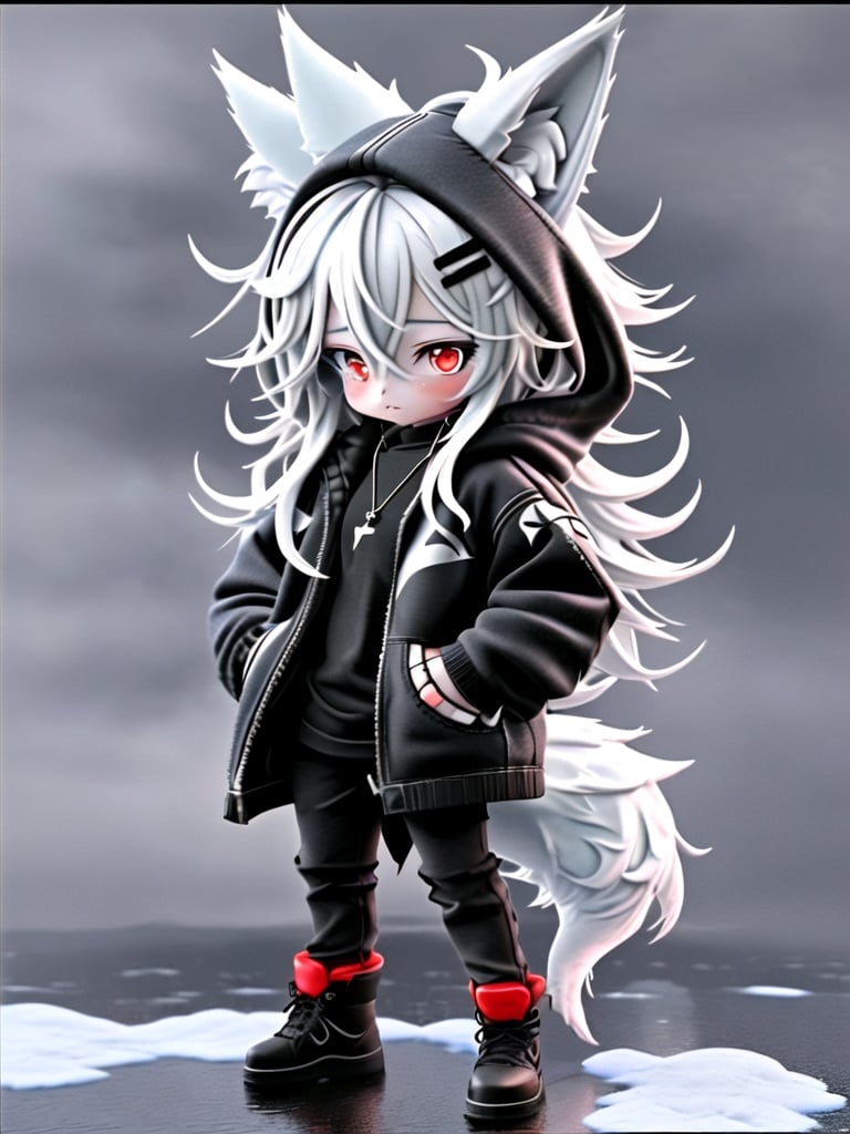 <lora:3Dchaowan-000004:0.8>,guchen,1girl,animal ears,red eyes,long hair,hairclip,black pants,black jacket,black footwear,open clothes,jewelry,standing,necklace,wolf tail,white hair,hood,hands in pockets,snow,hair between eyes,chibi,3D,