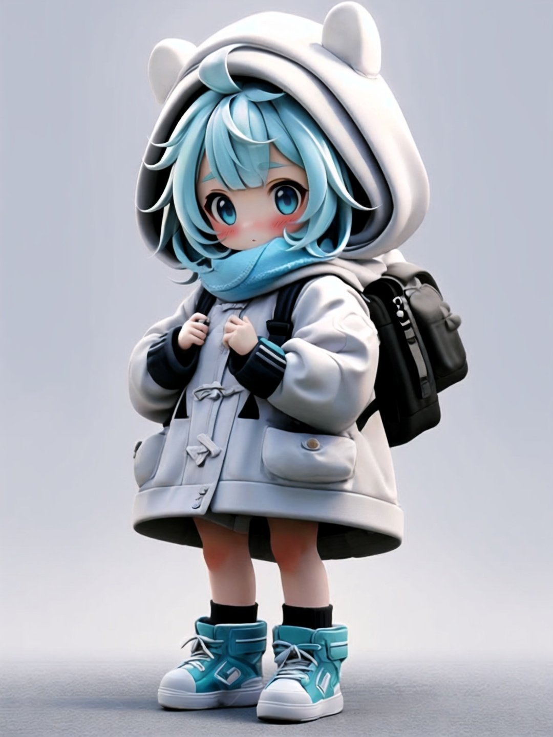 <lora:guchen-3DchaowanV1.0:0.8>,guchen,1girl,bag,blue eyes,long sleeves,white background,blush,coat,bangs,standing,blue hair,white footwear,hood,white hair,socks,scarf,short hair,chibi,3D,