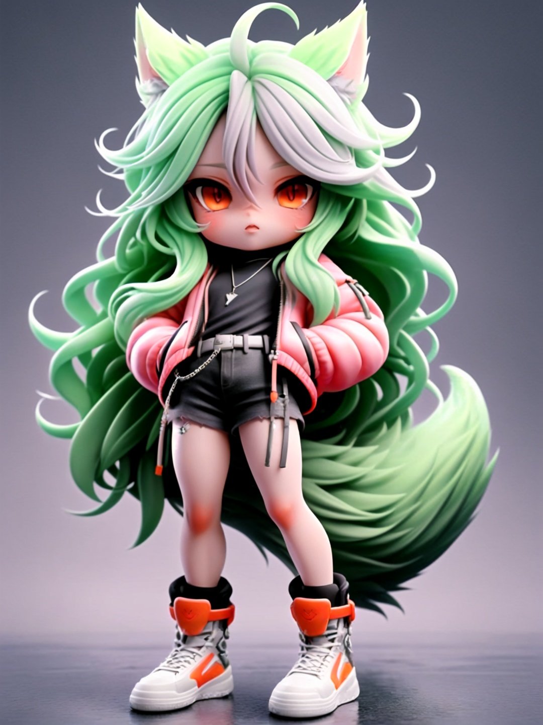 <lora:guchen-3DchaowanV1.0:0.8>,guchen,1girl,animal ears,long hair,shorts,green hair,black shorts,hands in pockets,belt,white footwear,black shirt,necklace,jewelry,red eyes,chibi,3D,