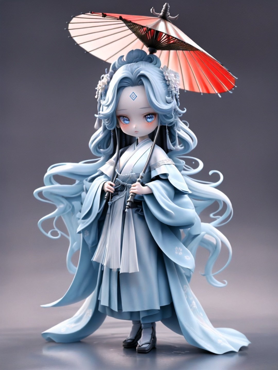 <lora:guchen-3DchaowanV1.0:0.8>,guchen,1girl,umbrella,long hair,hanfu,hair ornament,oil-paper umbrella,blue hair,standing,holding umbrella,chibi,3D,