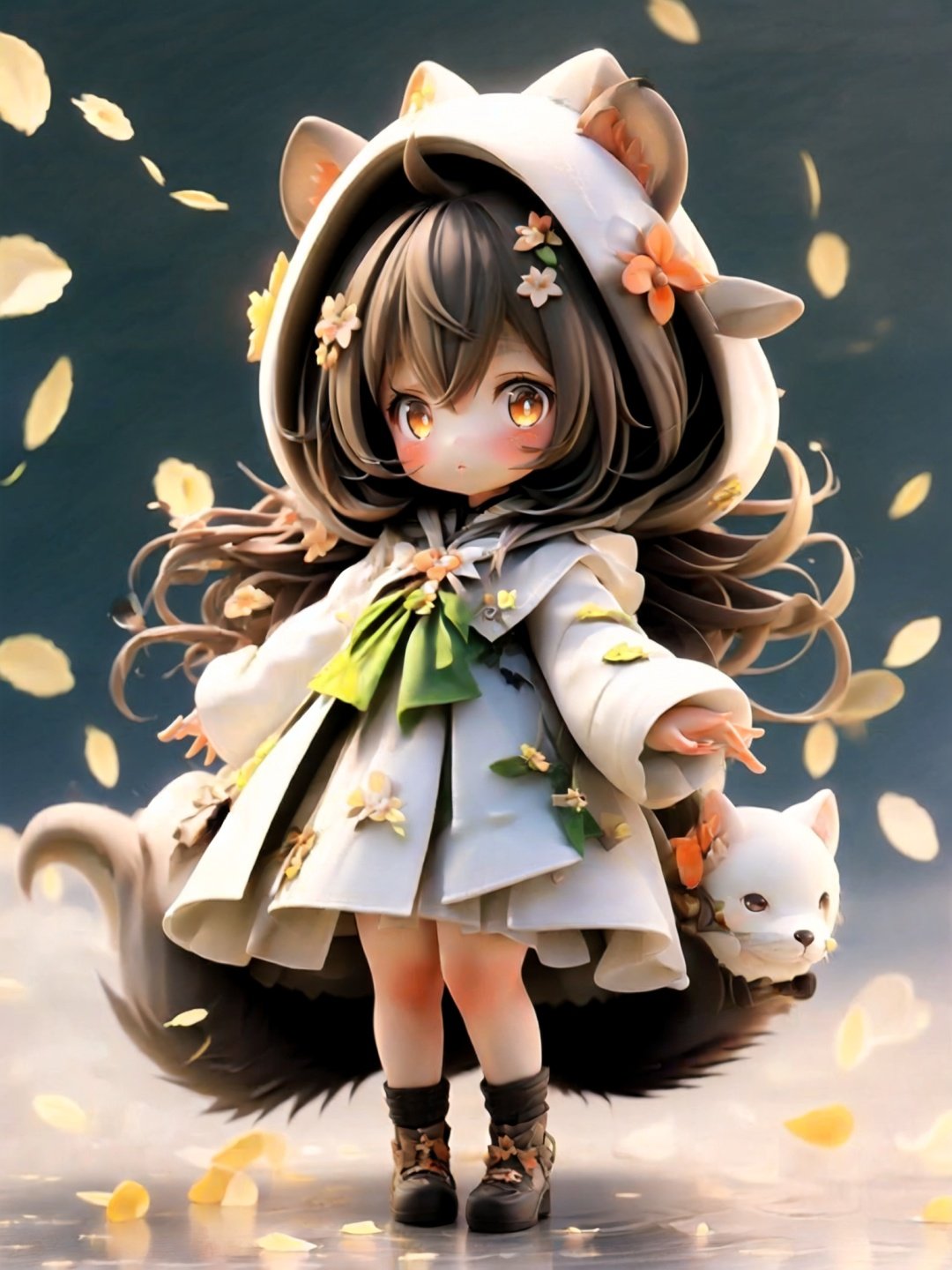 <lora:guchen-3DchaowanV1.0:1>,guchen,1girl,brown hair,long hair,hair ornament,dress,animal hood,petals,hood,chibi,3D,