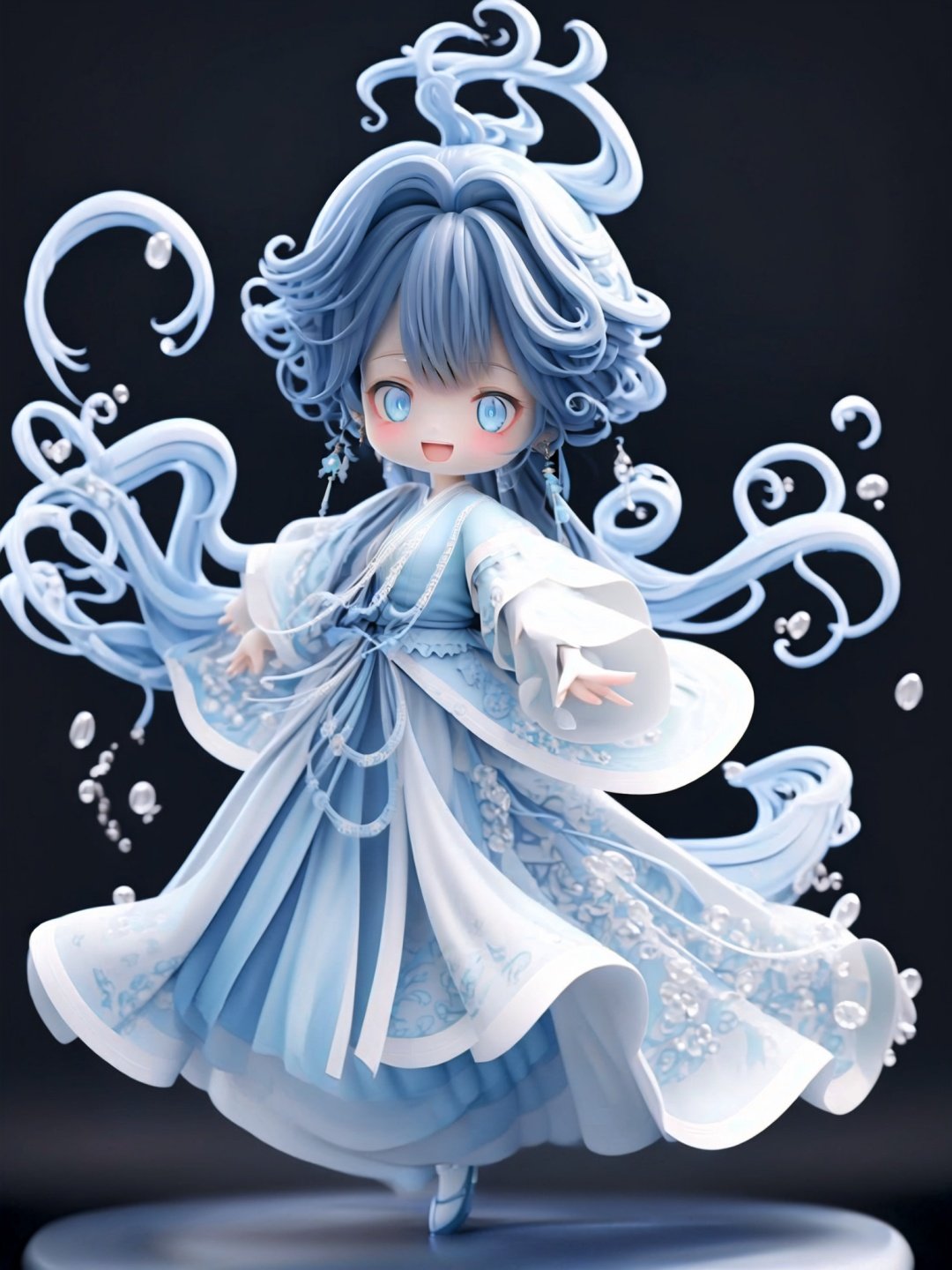 <lora:guchen-3DchaowanV1.0:1>,guchen,1girl,bangs or bangs of hair,Smile,blue eyes,Blue hanfu,earrings,long,black background,straight hair,chibi,3D,