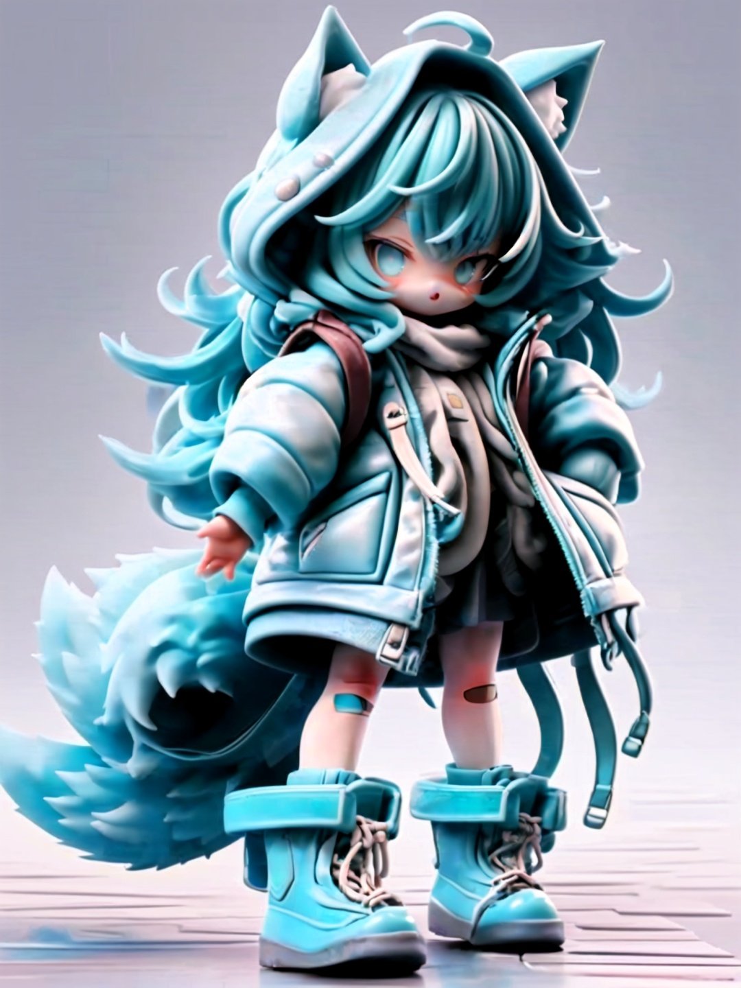 <lora:guchen-3DchaowanV1.0:1>,guchen,1girl,animal ears,long hair,bandaid on knee,boots,blue hair,blue eyes,skirt,long sleeves,standing,bangs,fox tail,black skirt,white jacket,open clothes,chibi,3D,