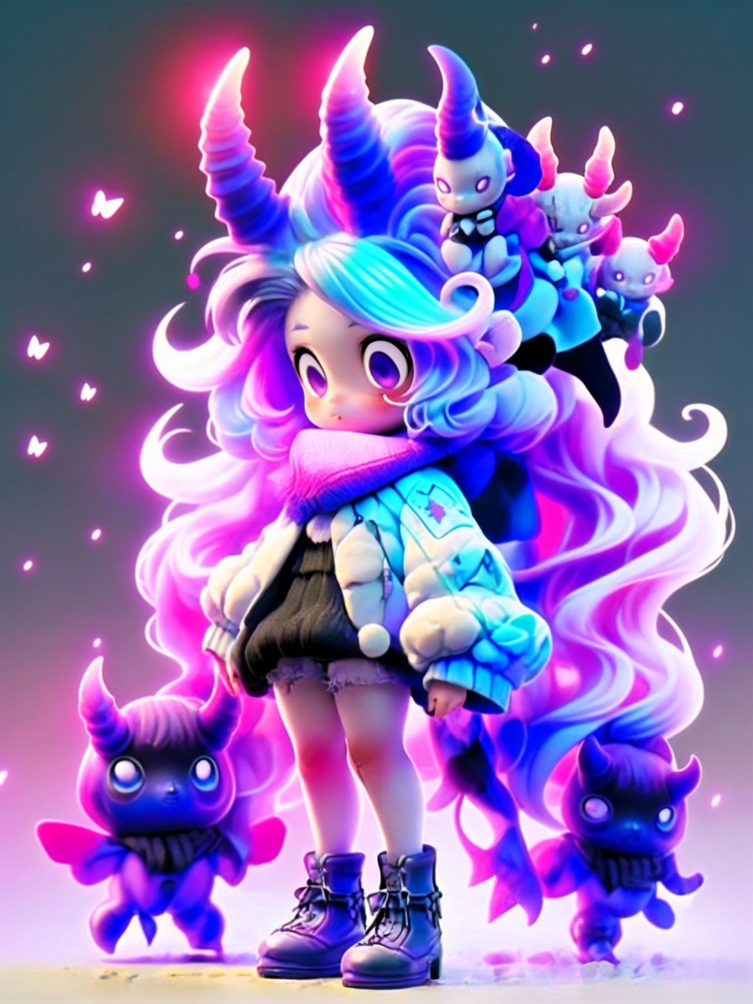 <lora:guchen-3DchaowanV1.0:0.8>,guchen,1girl,long hair,horns,purple eyes,long sleeves,butterfly,scarf,shoes,purple hair,standing,blue hair,puffy long sleeves,chibi,3D,