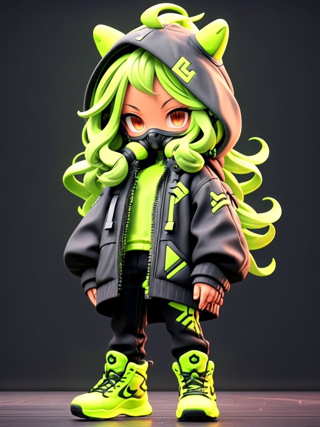 <lora:guchen-3DchaowanV1.0:0.8>,guchen,1girl,hood,jacket,long hair,green hair,mask,black pants,green footwear,long sleeves,standing,dark skin,black jacket,red eyes,curly hair,puffy long sleeves,black background,chibi,3D,