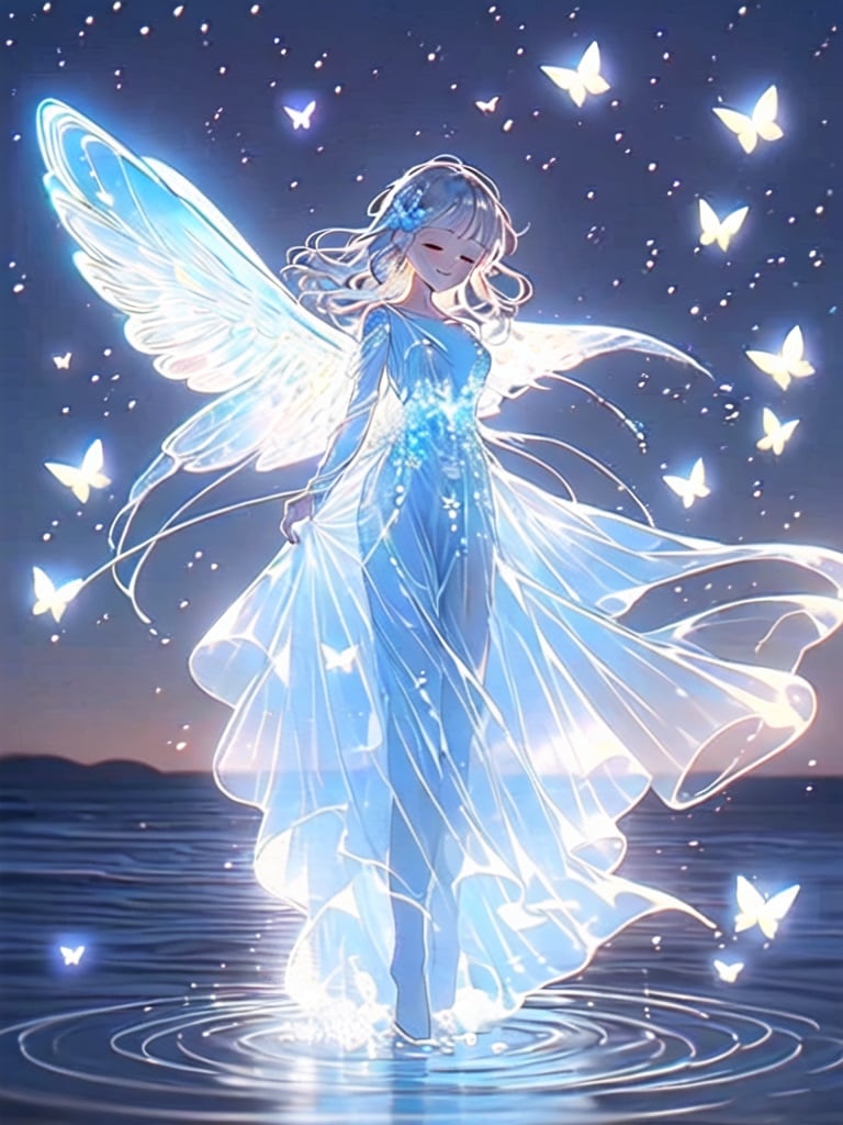 <lora:memghuanzhijing-000010:0.8>,guchen,dreamy,1girl,Angel,wings,blue sky at night,starry,glowing,water droplets,blue dress,Butterflies,Ripples,Shooting Stars,Flowers,Smile,long flowing hair,