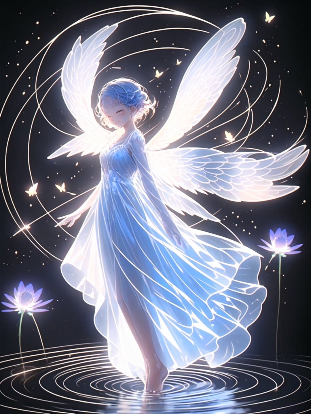 <lora:memghuanzhijing-000010:0.8>,guchen,dreamy,1girl,Angel,wings,dress,butterfly,ripples,circle of light,flowers,smile,short hair,circle of light above head,standing,