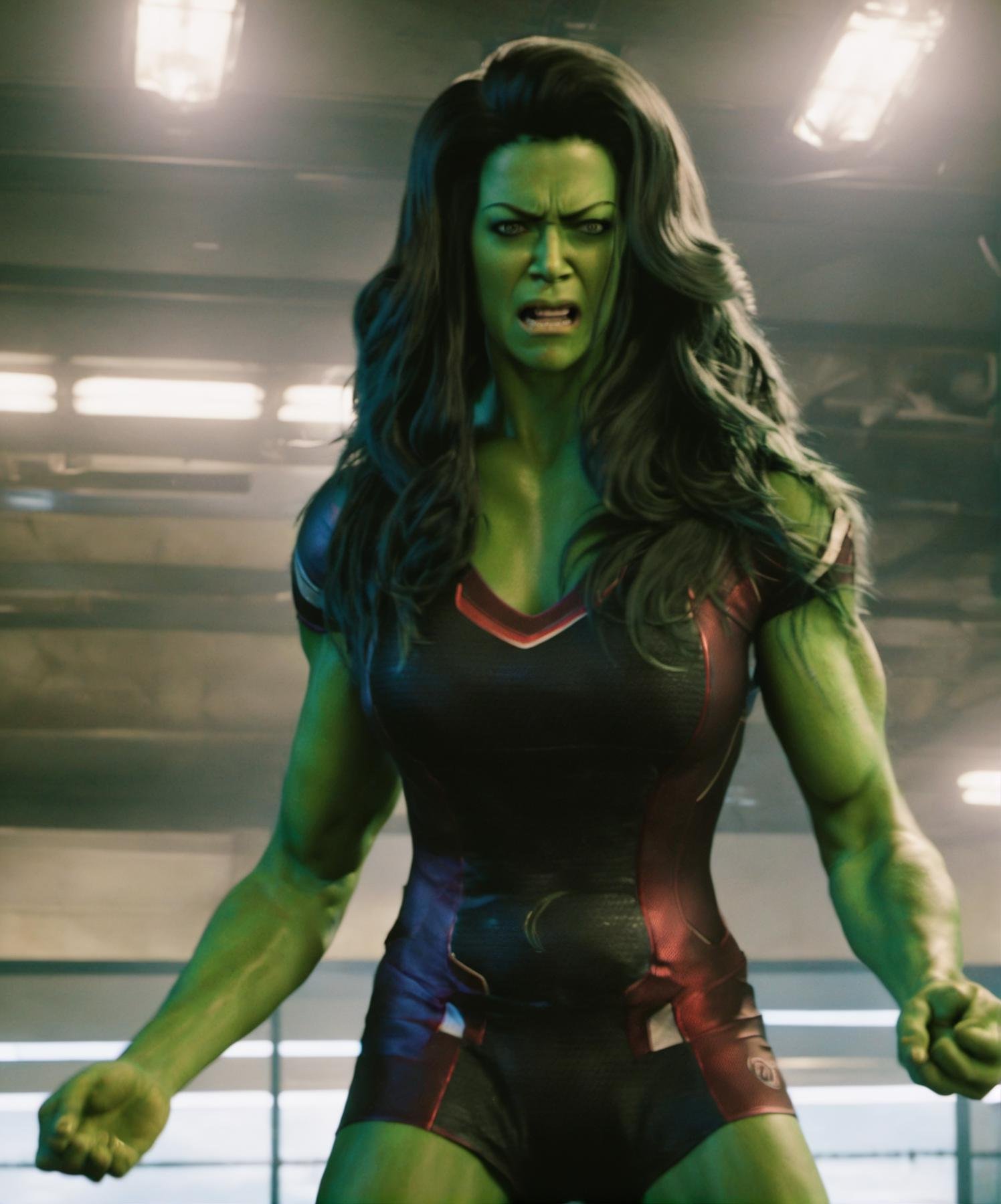 green skin, A full-body depiction of an angry ohwx woman long hair, an alluring ((sports dress:1.5)), a meticulously designed outfit, raging with anger, in a battlefield, looking at the camera, 4k, ultra high res <lora:SHEHULK_SDXL-000005:0.8>