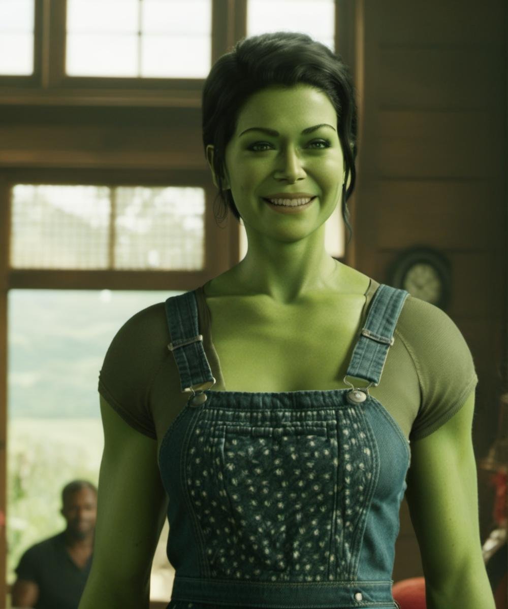 green skin, A full-body depiction of a ohwx woman ((hair tied back:1.4)) elegantly, an alluring ((dungaree dress:1.9)), a meticulously designed outfit,  a mesmerizing smile, looking at the viewer, 4k, ultra high res <lora:SHEHULK_SDXL-000005:0.75>